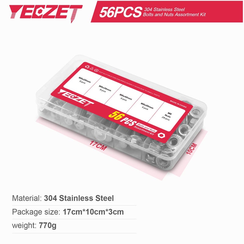YEEZET 56PCS M8 Stainless Steel 304 Flanged Hex Head Bolts and Nuts kit 20mm 30mm 40mm 50mm - Image 2
